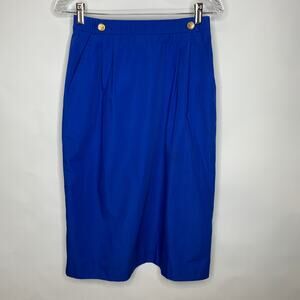 Vintage 60s 70s Royal Blue Straight Skirt Gold Buttons 26" waist